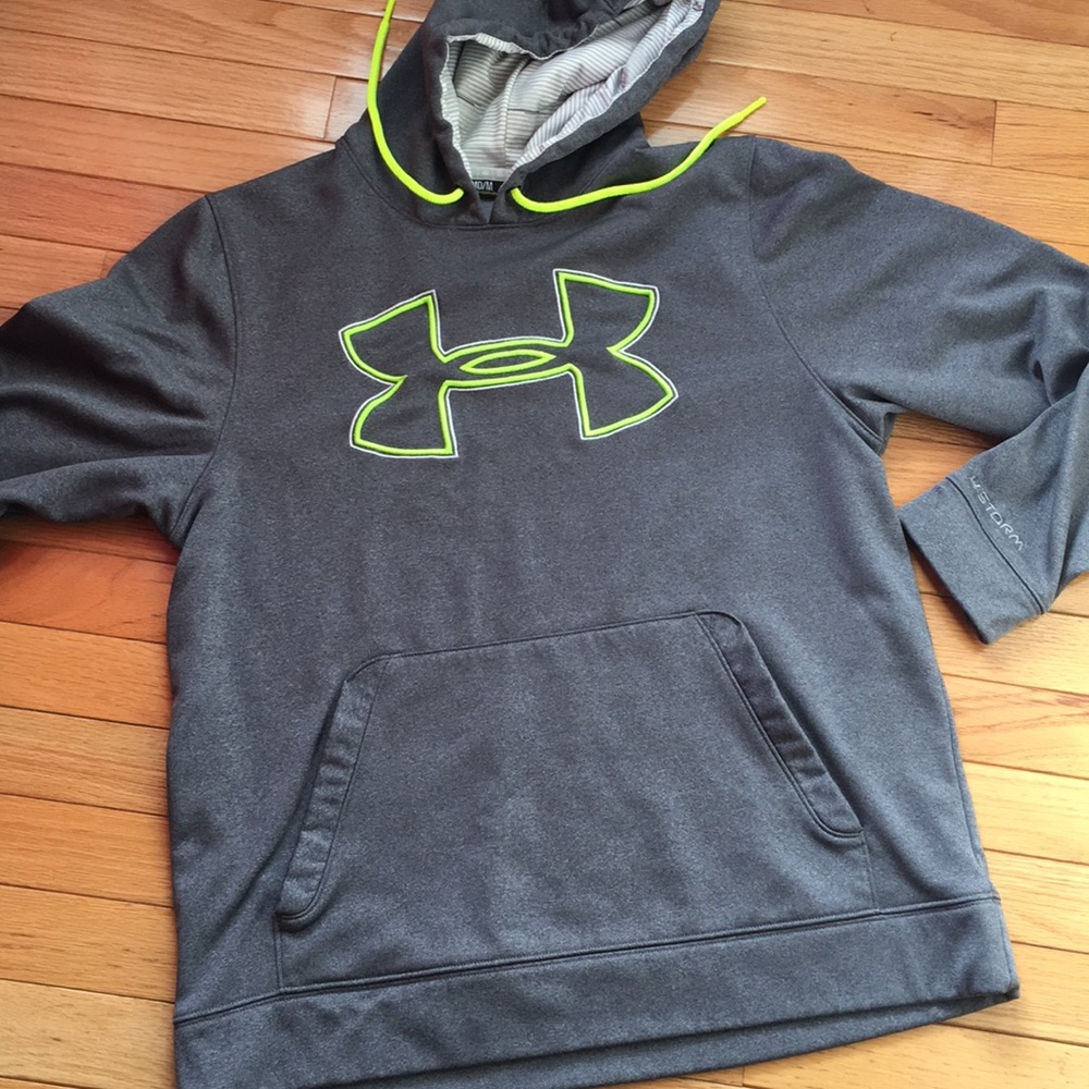 Men's med grey and neon green under armor hoodie